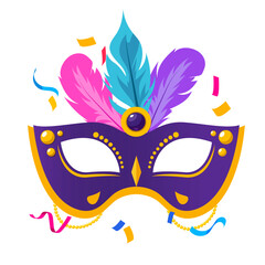 Fototapeta premium Carnival mask with feathers and confetti around. 