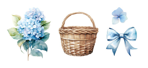 Watercolor set of  blue hydrangea branch with basket and bow