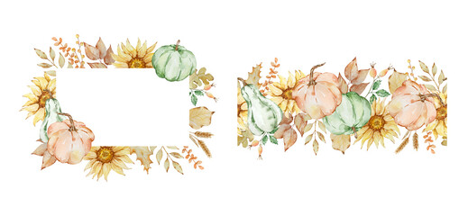 Watercolor autumn frames set with pumpkin, sunflowers, fall leaves