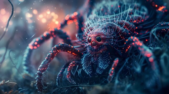 Glowing Futuristic Spider with Vibrant Ethereal Details and Mysterious Atmosphere