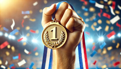Hand Holding Gold Medal with Number 1 and Tricolor Ribbon with Confetti in a stadium, Generative ai