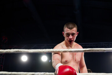 A bloodied boxer basks in the glory of victory, saluting the crowd after a grueling fight.