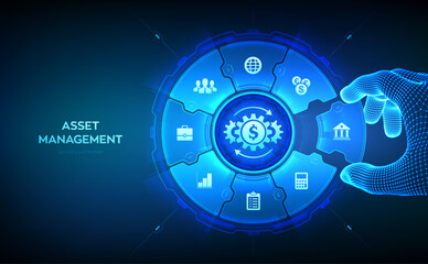 Asset management. Business investment banking payment technology concept on virutal screen. Wireframe hand places an element into a composition visualizing Asset management. Vector illustration.