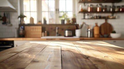 Wooden table with kitchen in background is bare