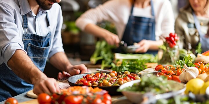 People participating in a group cooking session with fresh vegetables, emphasizing teamwork and culinary skills.