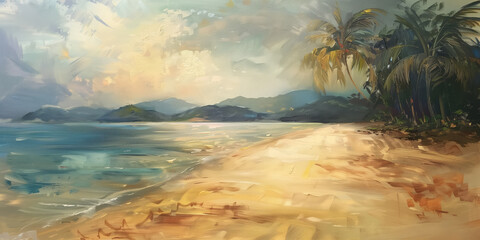 A serene beachscape paints a picture of calm waves, sandy shore, and distant palm trees against a bright sky.