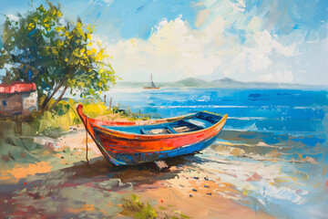 A vividly painted boat rests on a sandy beach while gentle ocean waves meet the shore and a sailboat sails nearby.