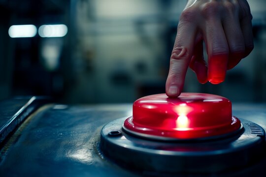 A detailed shot of a finger about to push a glowing red button, highlighting the importance of quick response in emergencies.