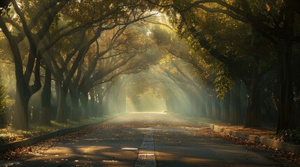 Obraz premium A quiet, early morning on Asan Ginkgo Tree Road, with dew-covered leaves and soft light filtering through the trees.