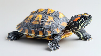 Obraz premium Close-up of a colorful turtle showcasing its intricate shell pattern and vibrant markings on a neutral background