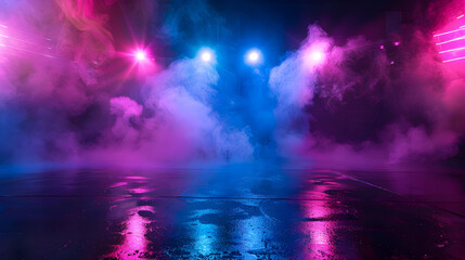 A dark room with purple and blue lights and smoke. The smoke is coming from a stage. Scene is mysterious and dramatic