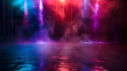 Fototapeta premium A stage with lights and smoke. The lights are red, blue, and purple