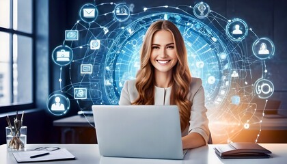 Realistic. A smiling business woman with long hair sitting in front of the laptop at the office. Laptop is shinning with the power of AI. There are AI icons and training icons around the laptop.