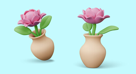 Clay vase with realistic flower. Pink peony in jug. Detailed vector flora