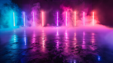 A dark room with a lot of lights and smoke. The lights are in different colors and are arranged in a row. The smoke is coming from the lights, creating a colorful and mysterious atmosphere