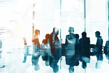 A group of business professionals gathered in a boardroom with glass walls, depicted in the style of double exposure photography against a white background.