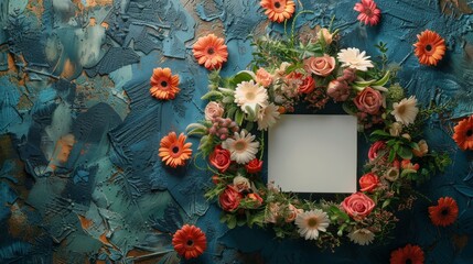 A Wreath of Orange and White Flowers Surrounding a Blank Card on a Blue Textured Background