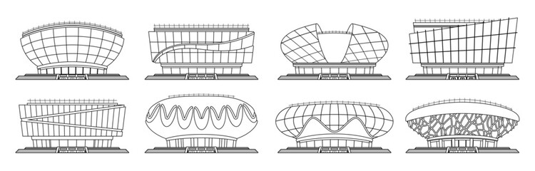 Collection Of Black And White Vector Line Art Illustrations Showcasing Various Modern Stadium Designs © Pavlo Syvak