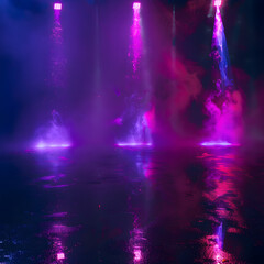 A dark room with three purple lights and smoke