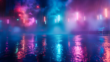 A city street with neon lights and water reflecting the lights. Scene is futuristic and mysterious