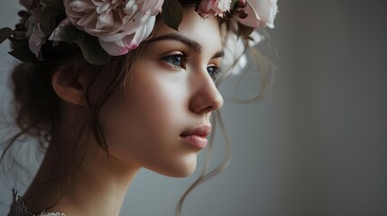 Naklejka premium Woman with Floral Headpiece: A woman wearing a delicate floral headpiece, looking pensively to the side. 