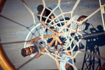 Basketball, teamwork and sport with a team of basket ball players with their hands in a huddle on a court outside. Collaboration, motivation and fitness with sports people training for health