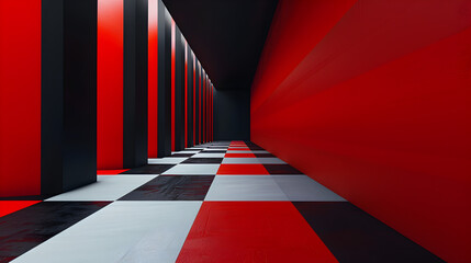 A long red and black hallway with checkered flooring