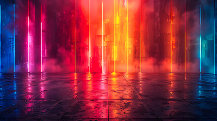 A mesmerizing backdrop of vibrant neon lights illuminating a misty, reflective floor, perfect for high-tech, sci-fi, or futuristic themes, promotional materials, and visual art projects,