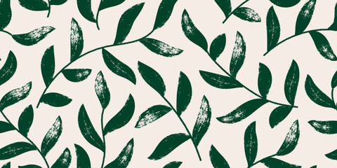 Seamless pattern with brush drawn leaves. Hand drawn floral botanical design. Natural organic ornament with green branches. Modern print for textile, fabric, wallpaper, wrapping and packaging
