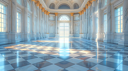 Obraz premium Elegant, spacious hall with high windows, marble columns, and a checkered floor, flooded with natural light; ideal for illustrating luxury, architecture, historic venues