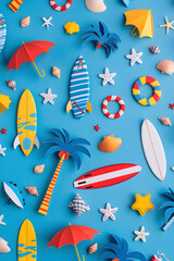 A colorful beach scene with surfboards, umbrellas, and shells. Scene is cheerful and playful, with the bright colors and beachy elements