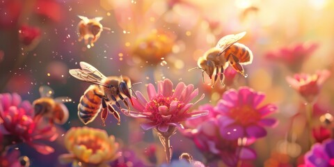 Fototapeta premium Vivid depiction of bees pollinating colorful flowers during sunset, highlighting nature's harmony and beauty.