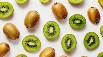 Fototapeta premium A colorful pattern of whole and sliced kiwis, with alternating green and golden varieties, high-resolution photo, realistic photo, hyper realistic