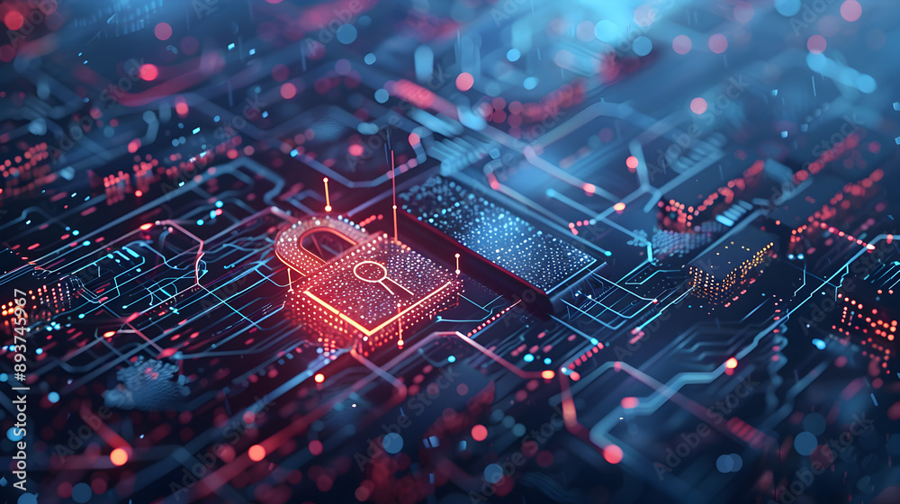 Wall mural a computer chip with a red and orange lock on it. the lock is surrounded by a blue background