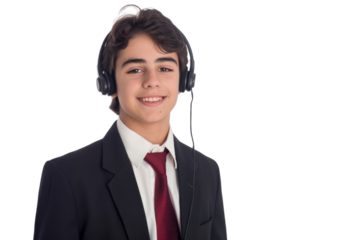 Young male call center representative in formal attire with headset, smiling, isolated on white background