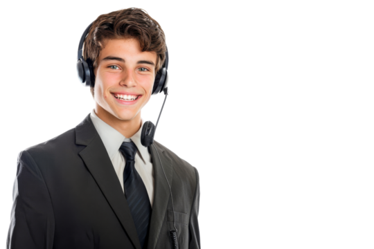 Young male call center representative in formal attire with headset, smiling, isolated on white background