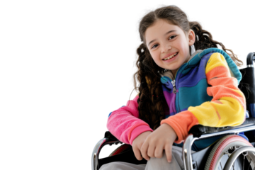 Young girl in wheelchair smiling brightly isolated on white background