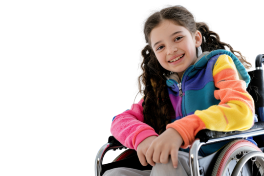 Young girl in wheelchair smiling brightly isolated on white background