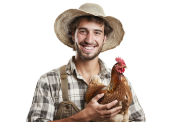 Young farmer with hat and bright smile holding a chicken Isolated on white background