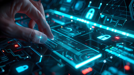 A hand is pointing at a computer screen with a blue background and a lot of red and green symbols. The symbols include a lock, a credit card, and a Wi-Fi symbol. Scene is futuristic and technological