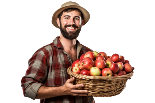 Young farmer with a basket of apples standing joyfully Isolated on white background - Powered by Adobe