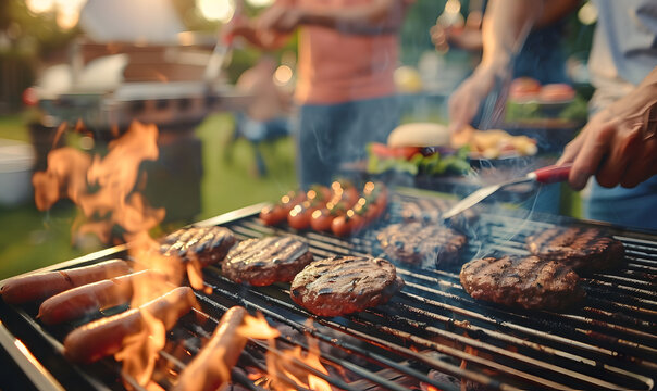 A group of friends grilling burgers and hot dogs having a BBQ in a backyard