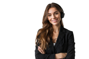 Woman supervisor with headset smiling warmly Isolated on white background