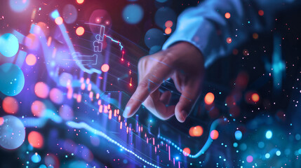 Businessman, manager  touching 3D futuristic holographic charts, digital graphs or financial analytic investment displayed on cyber neon technology hologram, money statistic or stock market, internet.
