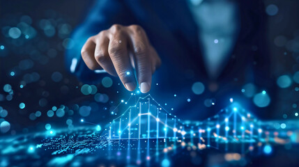 Businessman touching 3D blue futuristic holographic charts or graphs with growth and declines financial analytic investment displayed on high technology hologram, money statistic digital stock market.