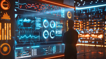 Rearview of young businessman standing in front of futuristic digital computer screen with graphs, charts and diagrams displaying information data, adult man watching analysis on display technology