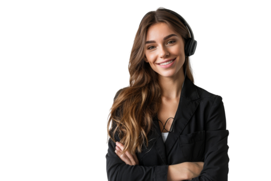 Woman supervisor with headset smiling warmly Isolated on white background