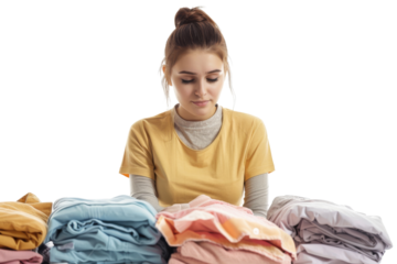 Woman folding laundry with a tired expression Isolated on white background
