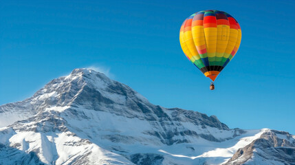 Fototapeta premium a hot air balloon floating serenely over a snow-capped mountain peak