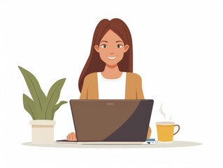 Happy woman studying, working at laptop computer. Business person, female professional, student at PC. Digital education, freelance concept. Flat vector illustration isolated on white background